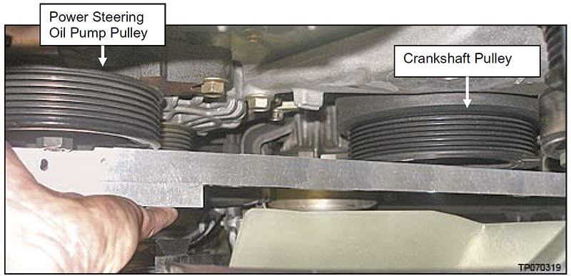 Check pulley alignment between the crankshaft pulley and the power steering pump using a straight edge.
