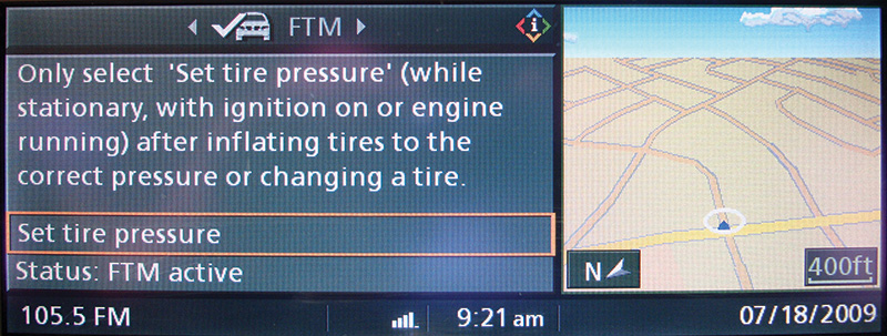 If the vehicle has a NAV screen, use the soft-key reset with the iDrive. After pushing the iDrive button, scroll left or right to the FTM screen, then select “Set Tire Pressure.” After answering "Yes," the status bar should read “initializing.” Now, drive the vehicle until the individual wheel pressures are displayed in the NAV pictogram.