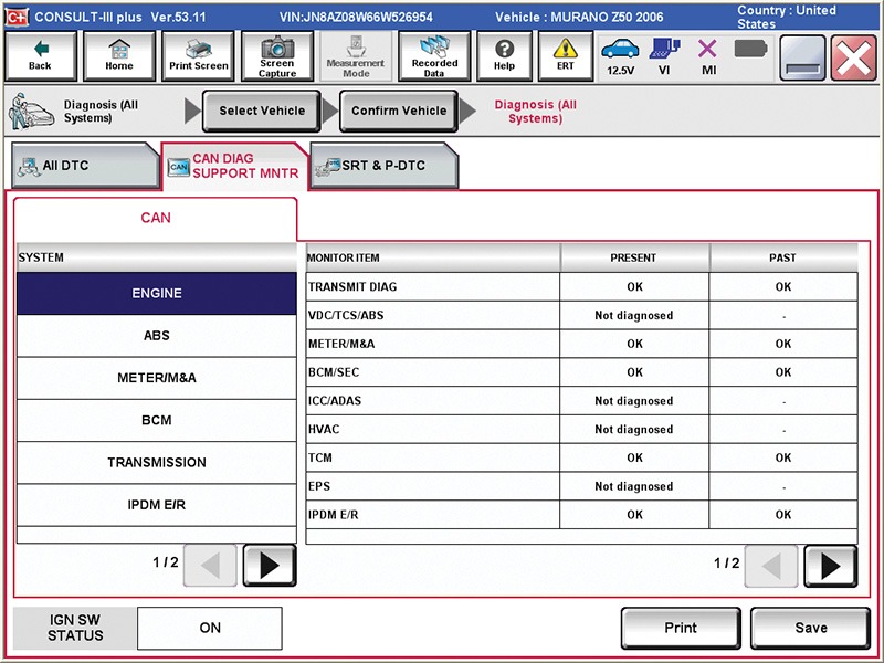 CAN support monitor screen shows whether a control module is not responding, or has not responded recently.