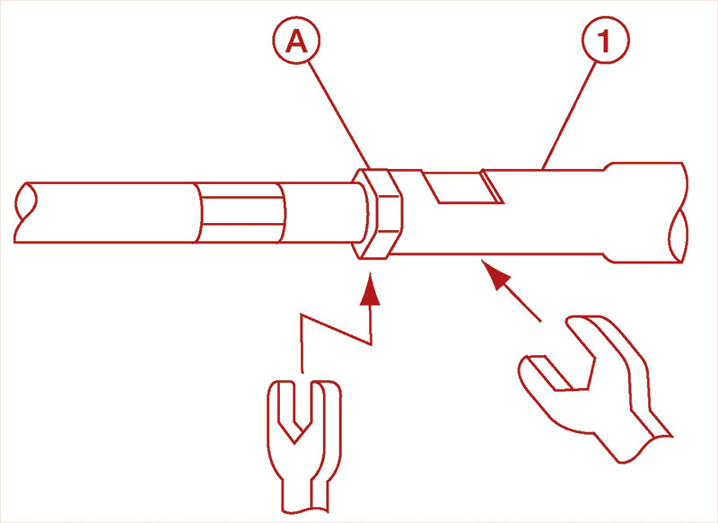 Loosen the lock nut (A) and hold the outer rod (1). As easy as it gets.